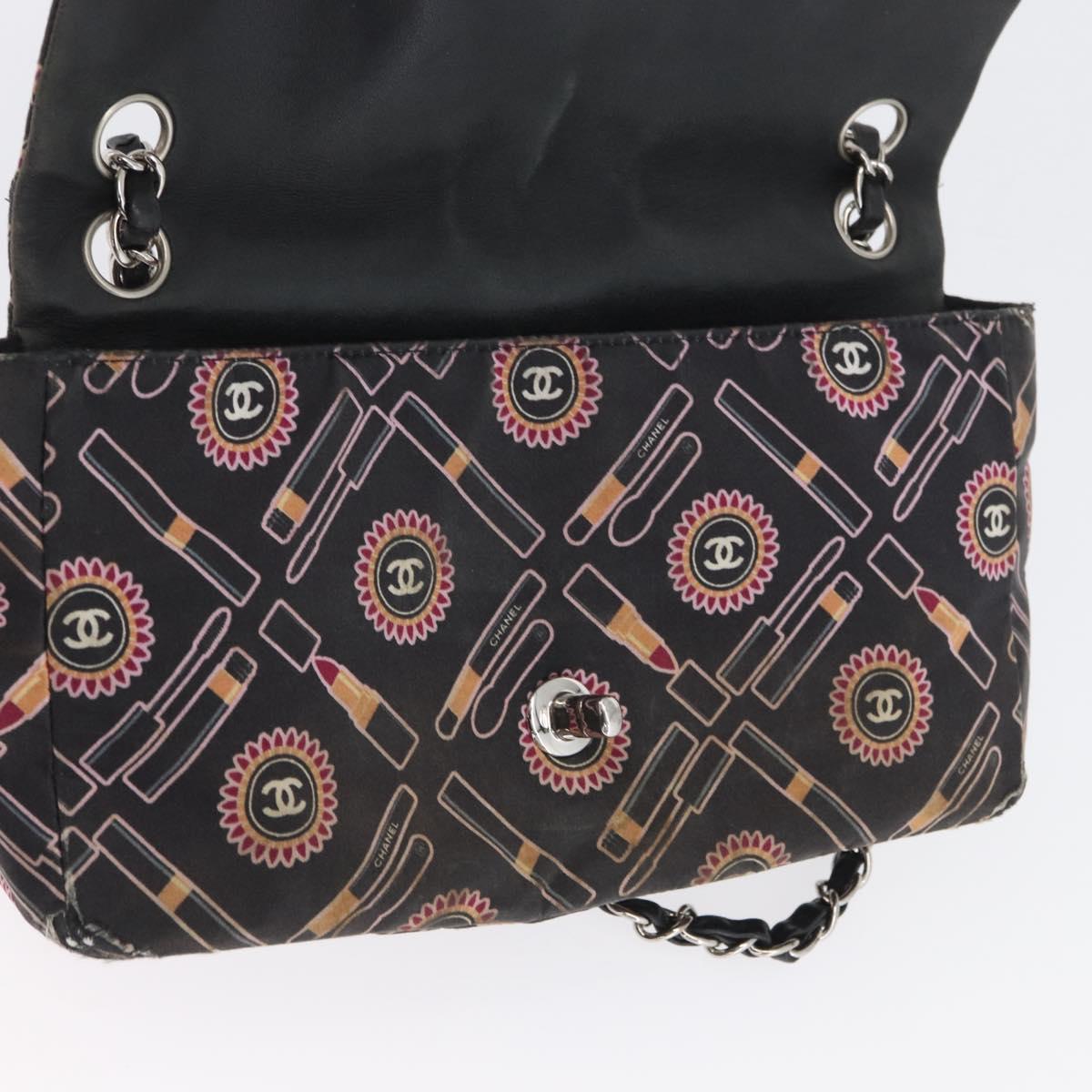 CHANEL Chain Shoulder Bag Satin Black Silver CC Auth ARZ448A