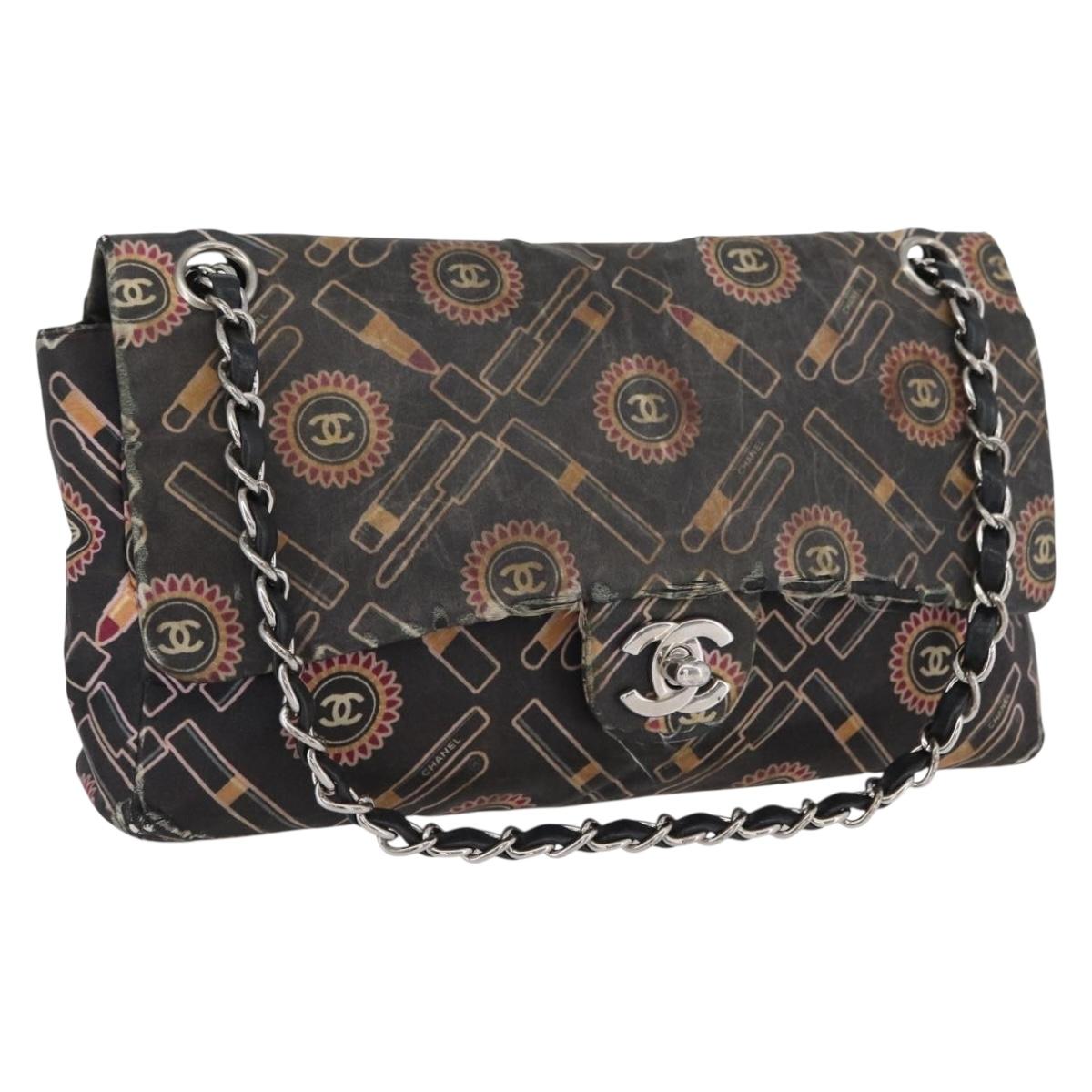 CHANEL Chain Shoulder Bag Satin Black Silver CC Auth ARZ448A