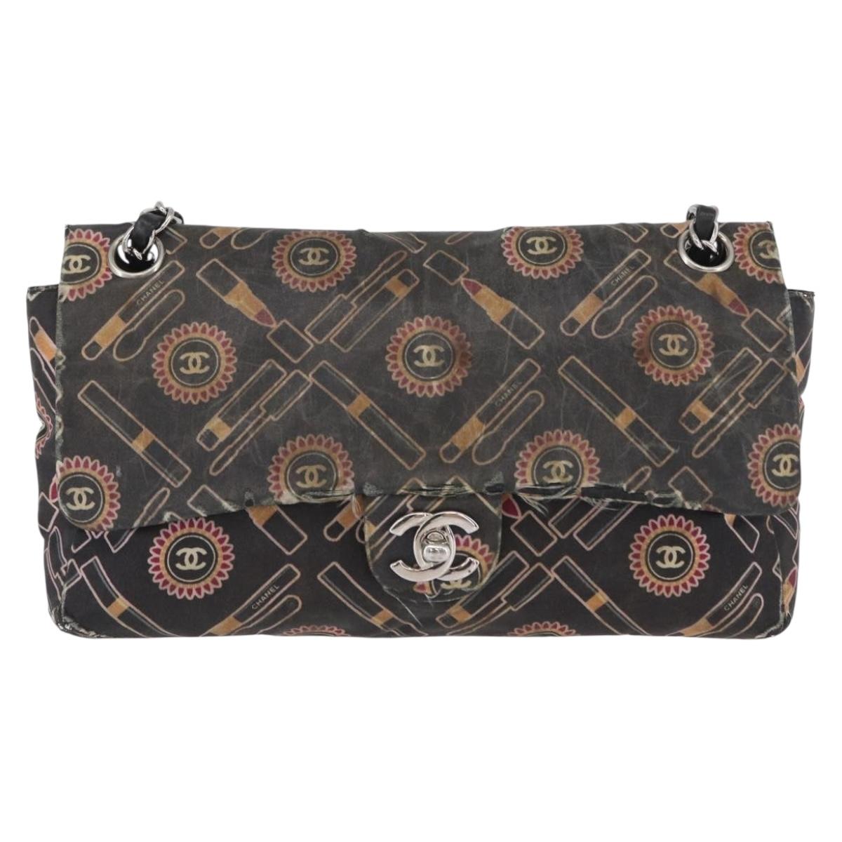 CHANEL Chain Shoulder Bag Satin Black Silver CC Auth ARZ448A