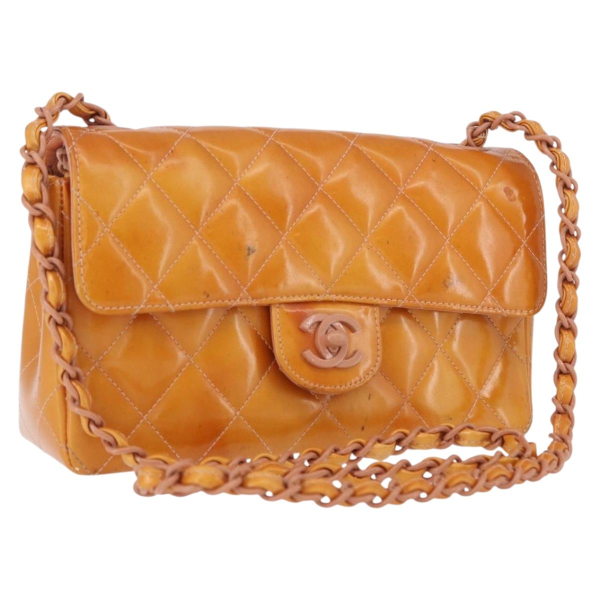 CHANEL Chain Matelasse 21 Bag Patent leather Orange Silver CC Auth ARZ449A
