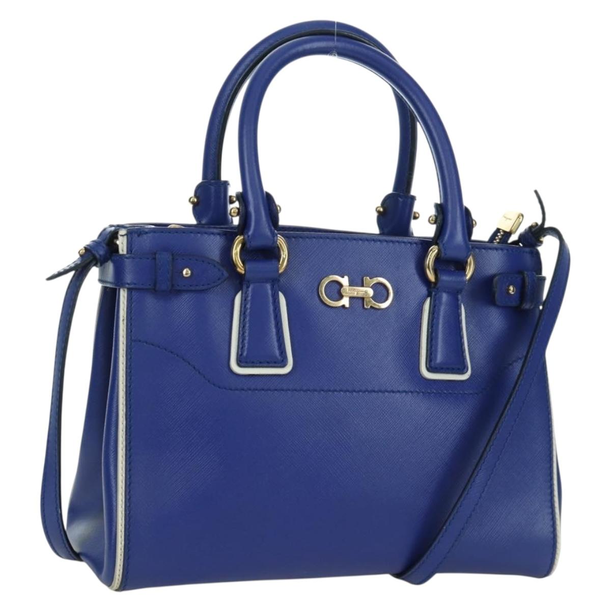 Salvatore Ferragamo Gancini Sofia Hand Bag Leather 2way Blue Gold Auth ARZ486A