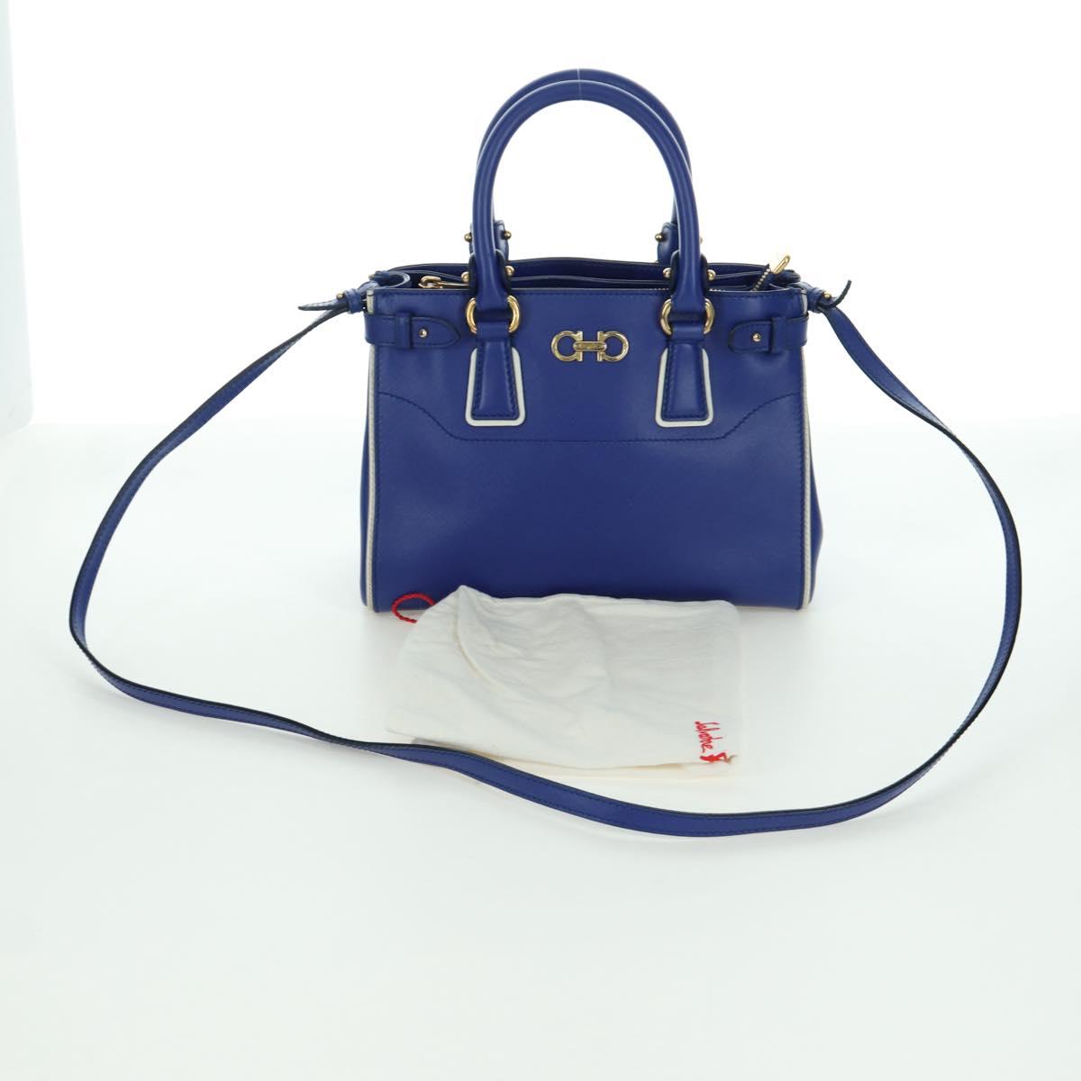 Salvatore Ferragamo Gancini Sofia Hand Bag Leather 2way Blue Gold Auth ARZ486A