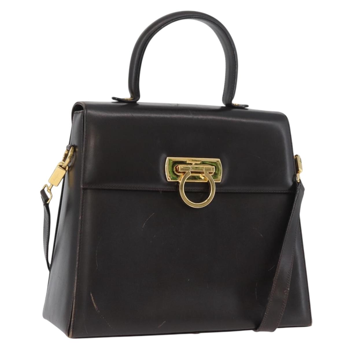 Salvatore Ferragamo Gancini Hand Bag Leather 2way Brown Gold Auth ARZ526