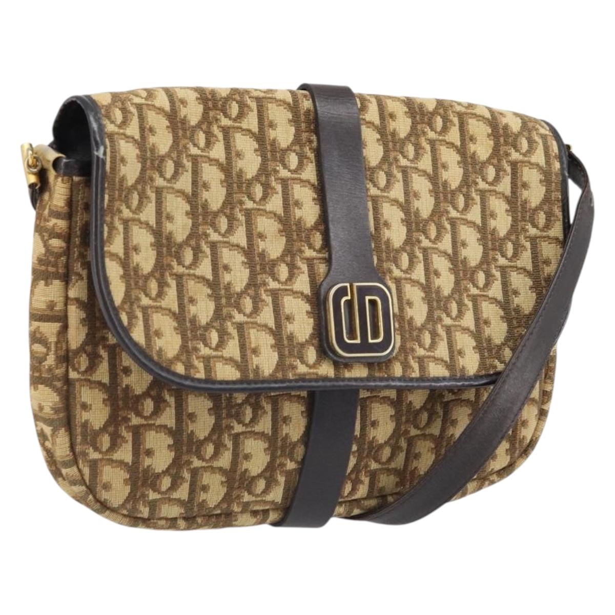 Christian Dior Trotter Canvas Shoulder Bag Beige Gold Auth ARZ539