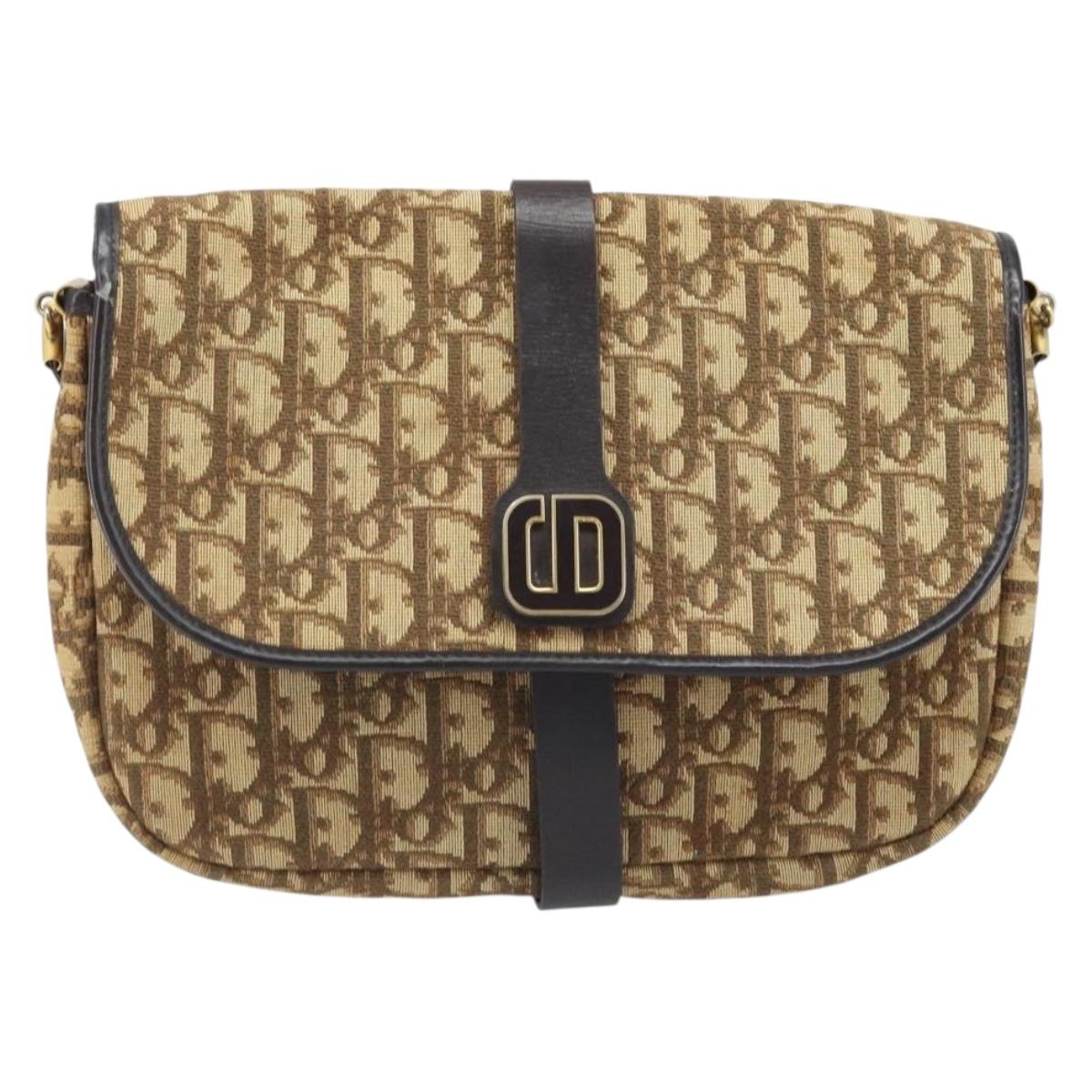 Christian Dior Trotter Canvas Shoulder Bag Beige Gold Auth ARZ539