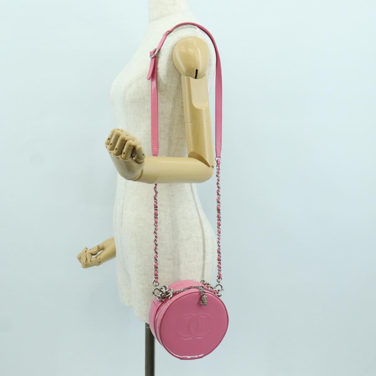 CHANEL Chain Shoulder Bag Patent leather Pink Silver CC Auth ARZ544SAM