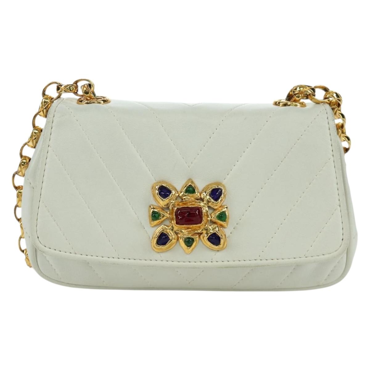CHANEL Griboa V Stitch Chain Shoulder Bag Leather White Gold CC Auth ARZ551SAV
