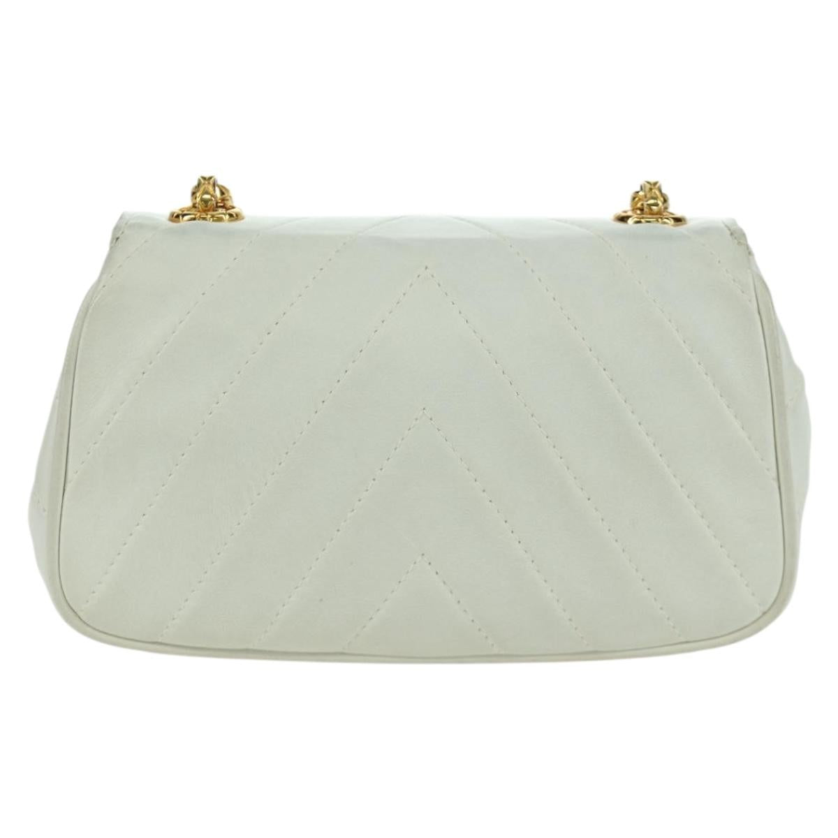 CHANEL Griboa V Stitch Chain Shoulder Bag Leather White Gold CC Auth ARZ551SAV