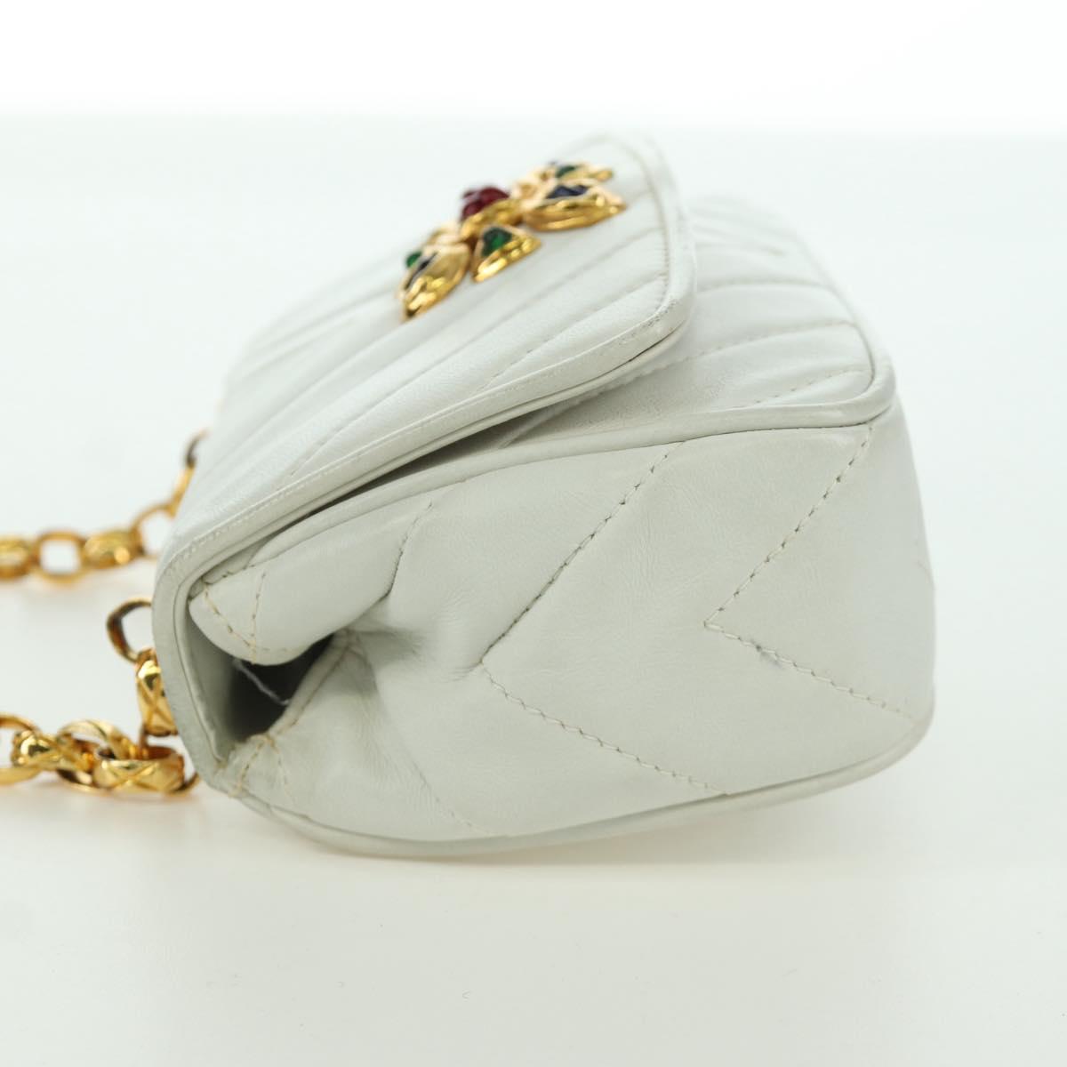 CHANEL Griboa V Stitch Chain Shoulder Bag Leather White Gold CC Auth ARZ551SAV