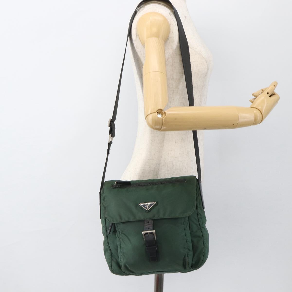 PRADA Shoulder Bag Nylon Green Silver Auth ARZ561