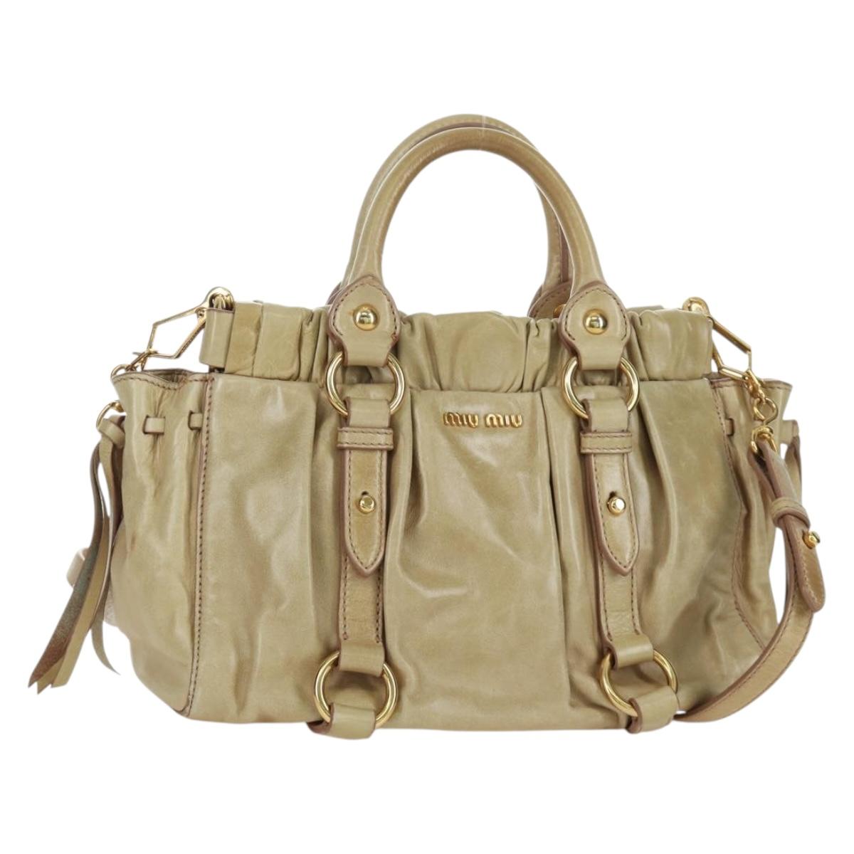 Miu Miu Hand Bag Leather 2way Beige Gold Auth ARZ589V