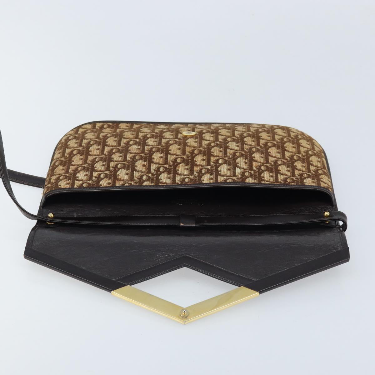 Christian Dior Trotter Canvas Shoulder Bag Brown Gold Auth ARZ598