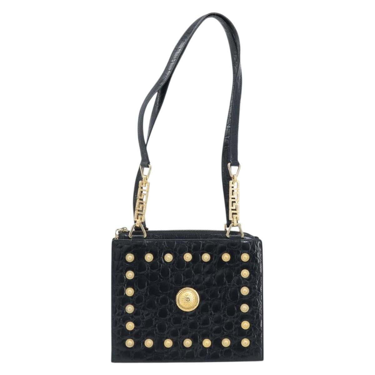 Gianni Versace Shoulder Bag Embossed leather Black Gold Auth ARZ600A