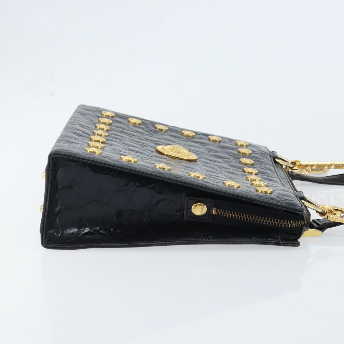 Gianni Versace Shoulder Bag Embossed leather Black Gold Auth ARZ600A