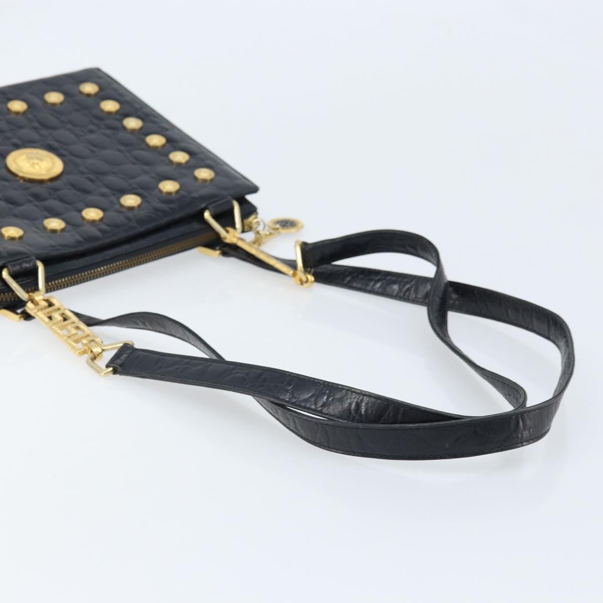 Gianni Versace Shoulder Bag Embossed leather Black Gold Auth ARZ600A