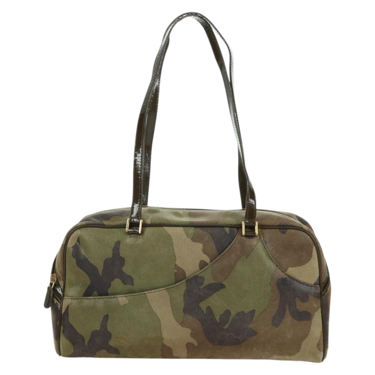 Christian Dior Camouflage Hand Bag Suede Khaki Gold Auth ARZ664SAV