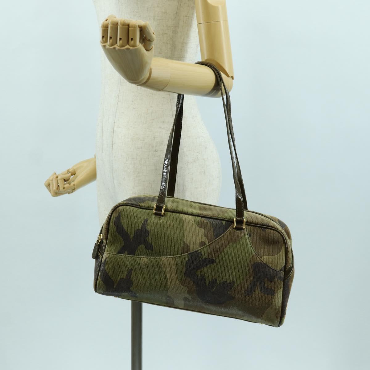 Christian Dior Camouflage Hand Bag Suede Khaki Gold Auth ARZ664SAV