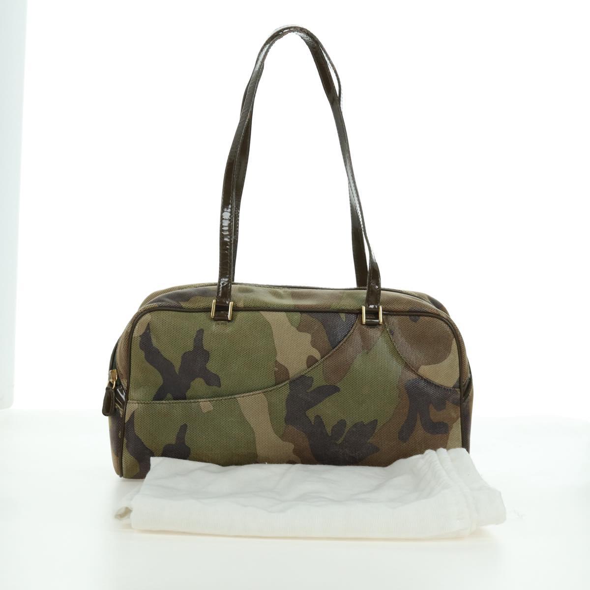 Christian Dior Camouflage Hand Bag Suede Khaki Gold Auth ARZ664SAV