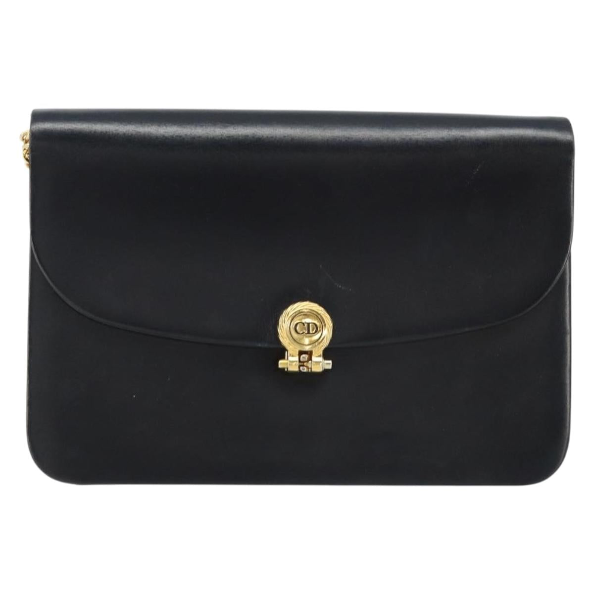 Christian Dior Chain Shoulder Bag Leather Black Gold Auth ARZ665A