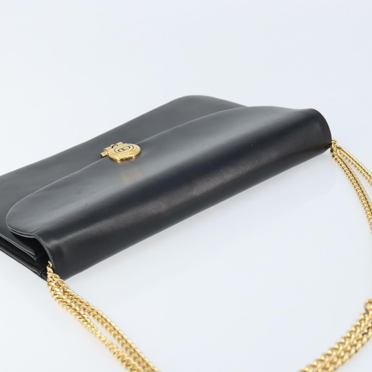 Christian Dior Chain Shoulder Bag Leather Black Gold Auth ARZ665A