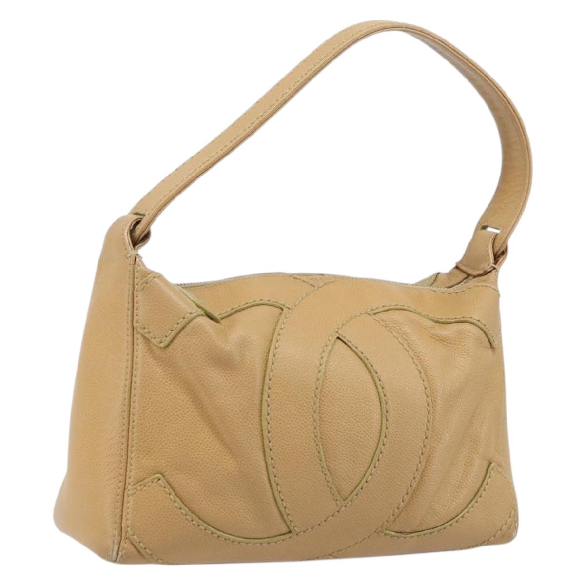 CHANEL Hand Bag Caviar Skin Beige Gold CC Auth ARZ712A