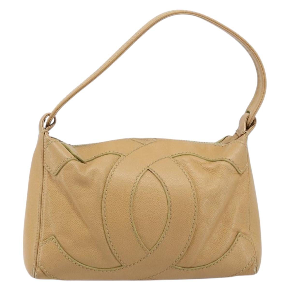 CHANEL Hand Bag Caviar Skin Beige Gold CC Auth ARZ712A