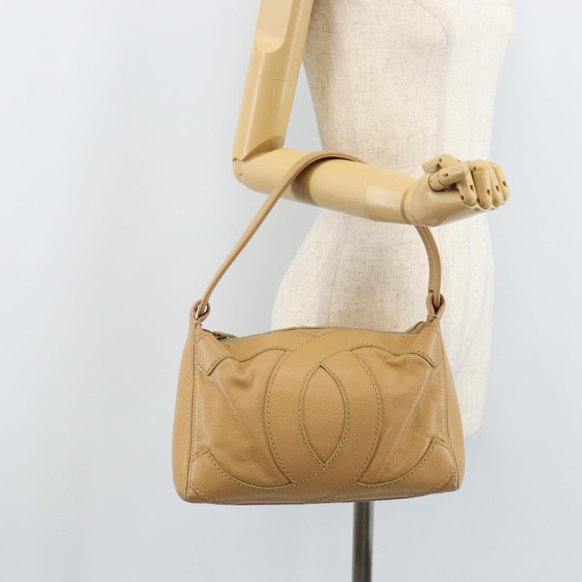 CHANEL Hand Bag Caviar Skin Beige Gold CC Auth ARZ712A