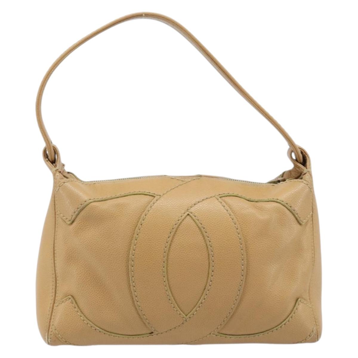 CHANEL Hand Bag Caviar Skin Beige Gold CC Auth ARZ712A