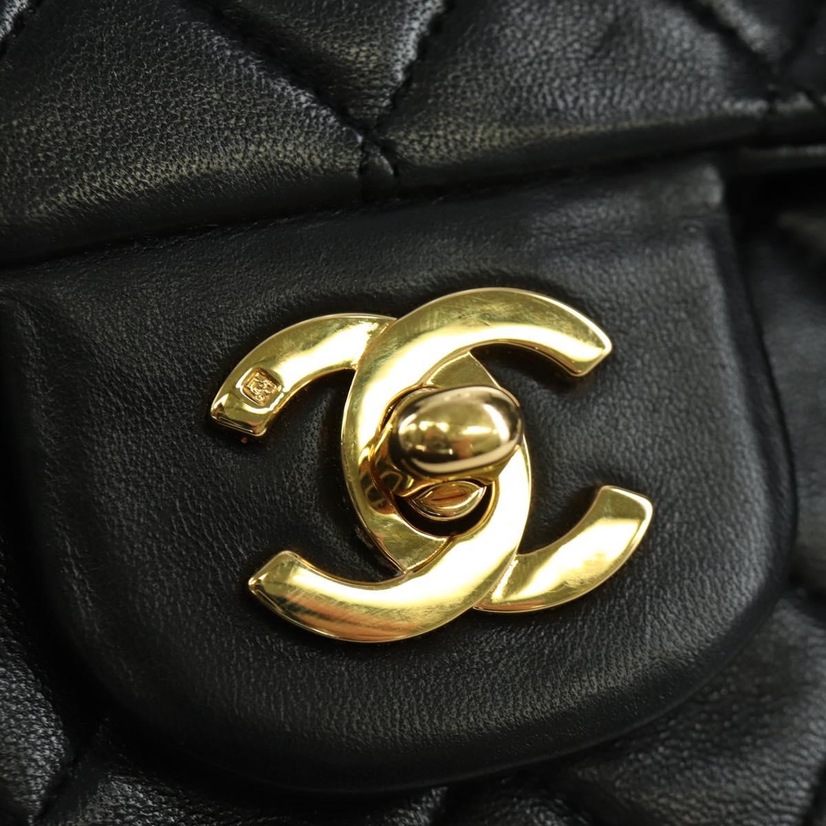 CHANEL Matelasse 25 Double Flap Chain Bag Lamb Skin Gold Black CC Auth ARZ719SAV