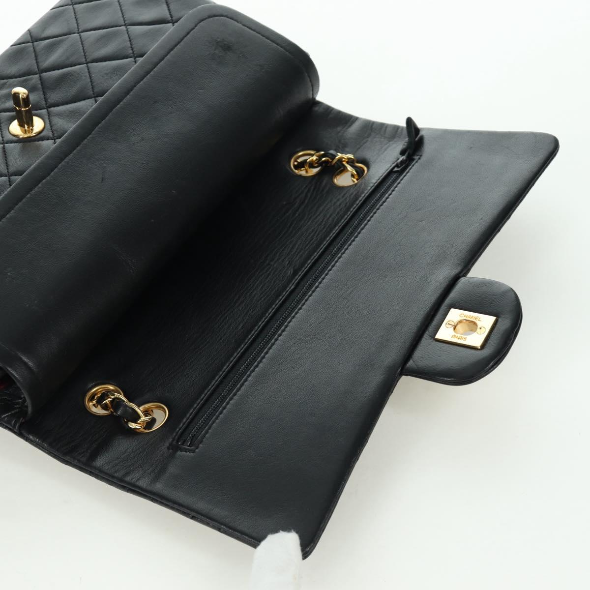 CHANEL Matelasse 25 Double Flap Chain Bag Lamb Skin Gold Black CC Auth ARZ719SAV