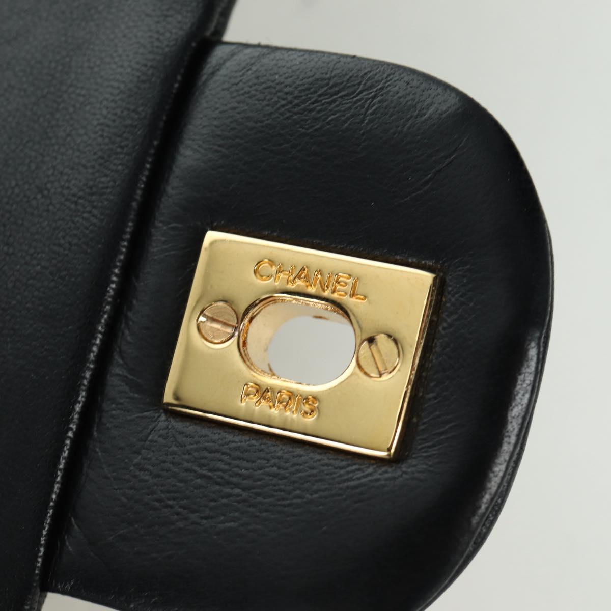 CHANEL Matelasse 25 Double Flap Chain Bag Lamb Skin Gold Black CC Auth ARZ719SAV