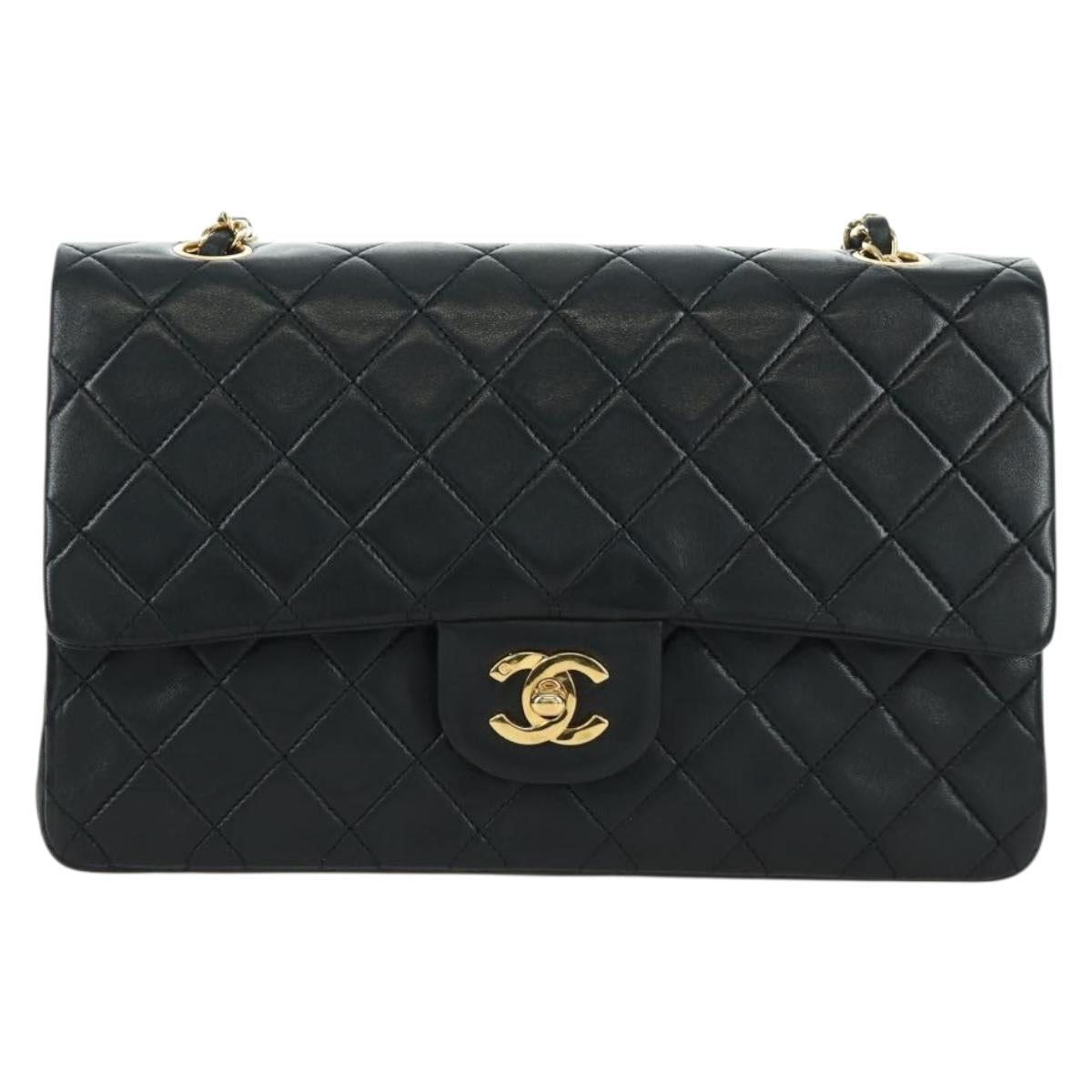 CHANEL Matelasse 25 Double Flap Chain Bag Lamb Skin Gold Black CC Auth ARZ719SAV