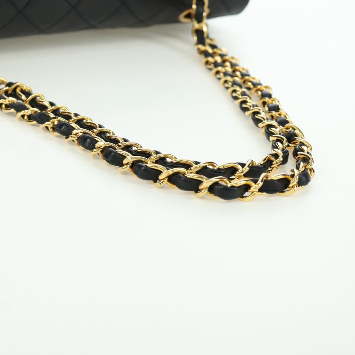 CHANEL Matelasse 25 Double Flap Chain Bag Lamb Skin Gold Black CC Auth ARZ719SAV