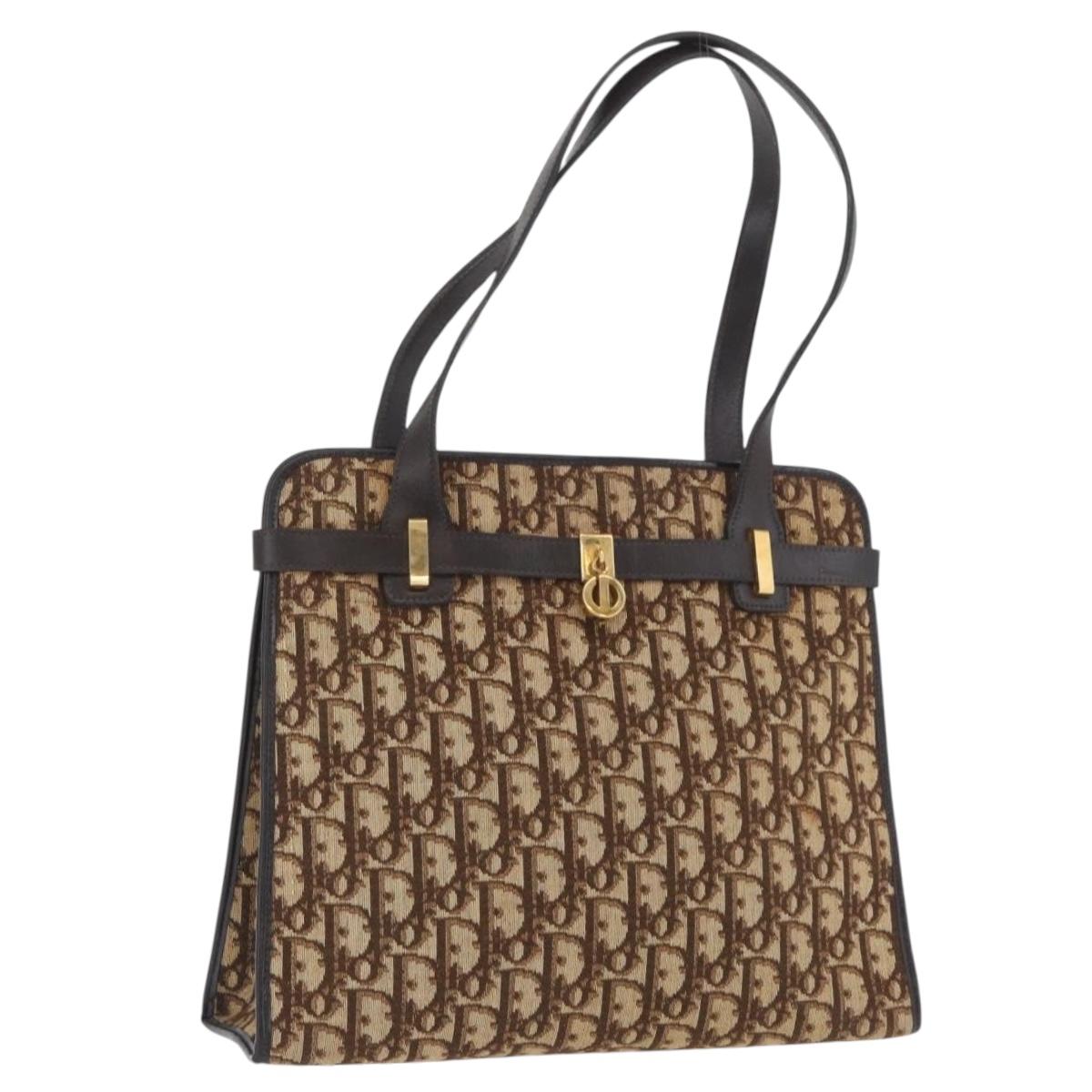 Christian Dior Trotter Canvas Tote Bag Beige Gold Auth BSZ704A