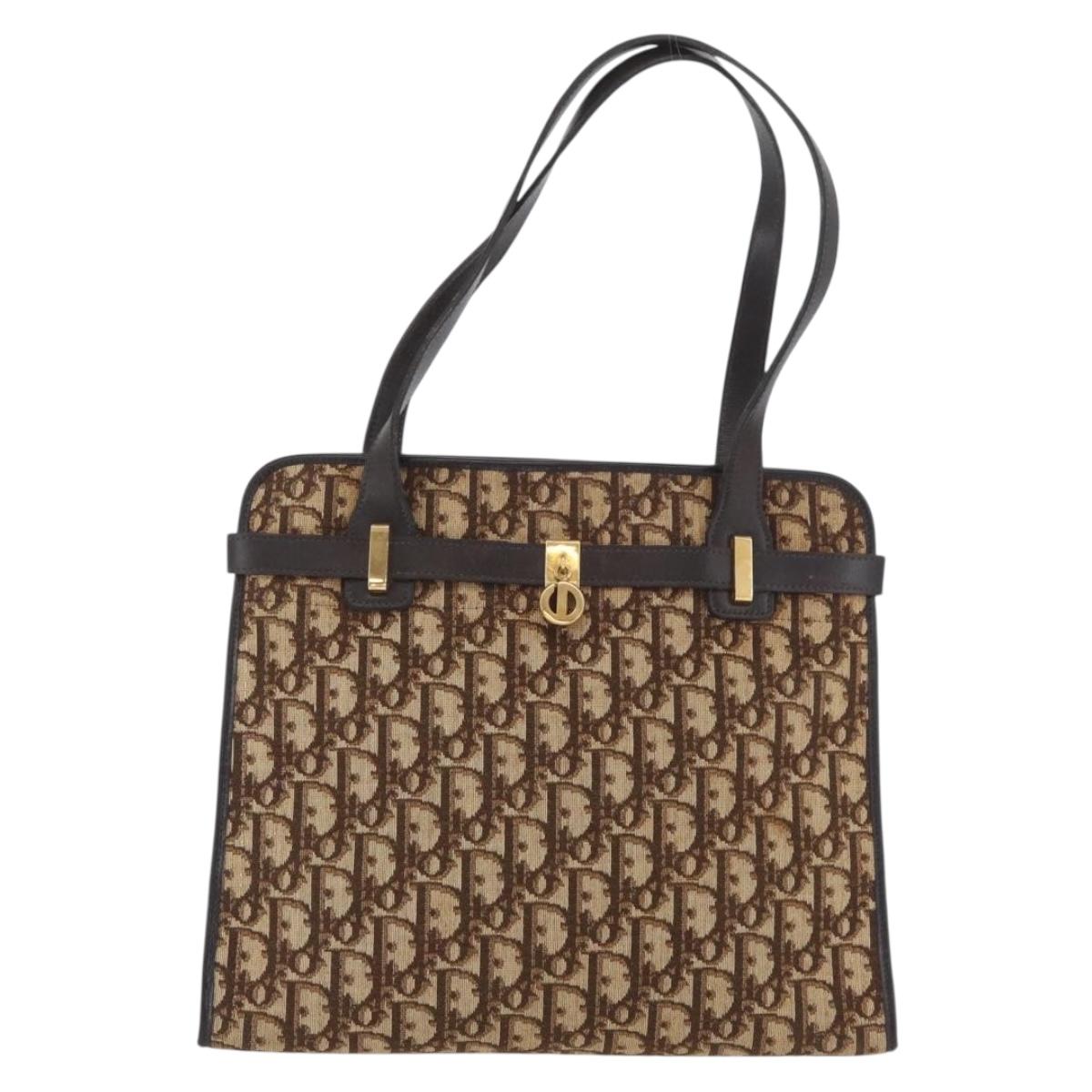 Christian Dior Trotter Canvas Tote Bag Beige Gold Auth BSZ704A
