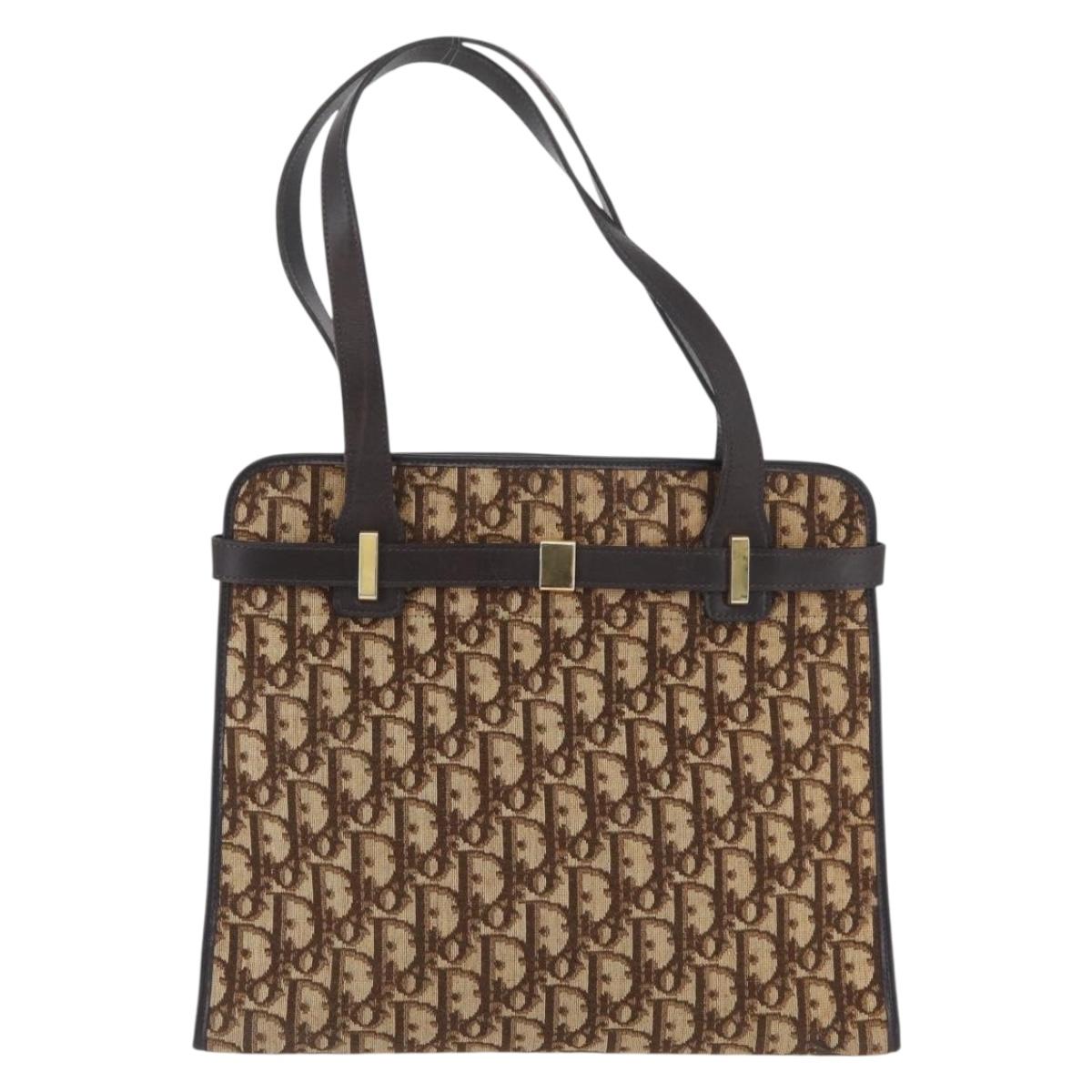 Christian Dior Trotter Canvas Tote Bag Beige Gold Auth BSZ704A