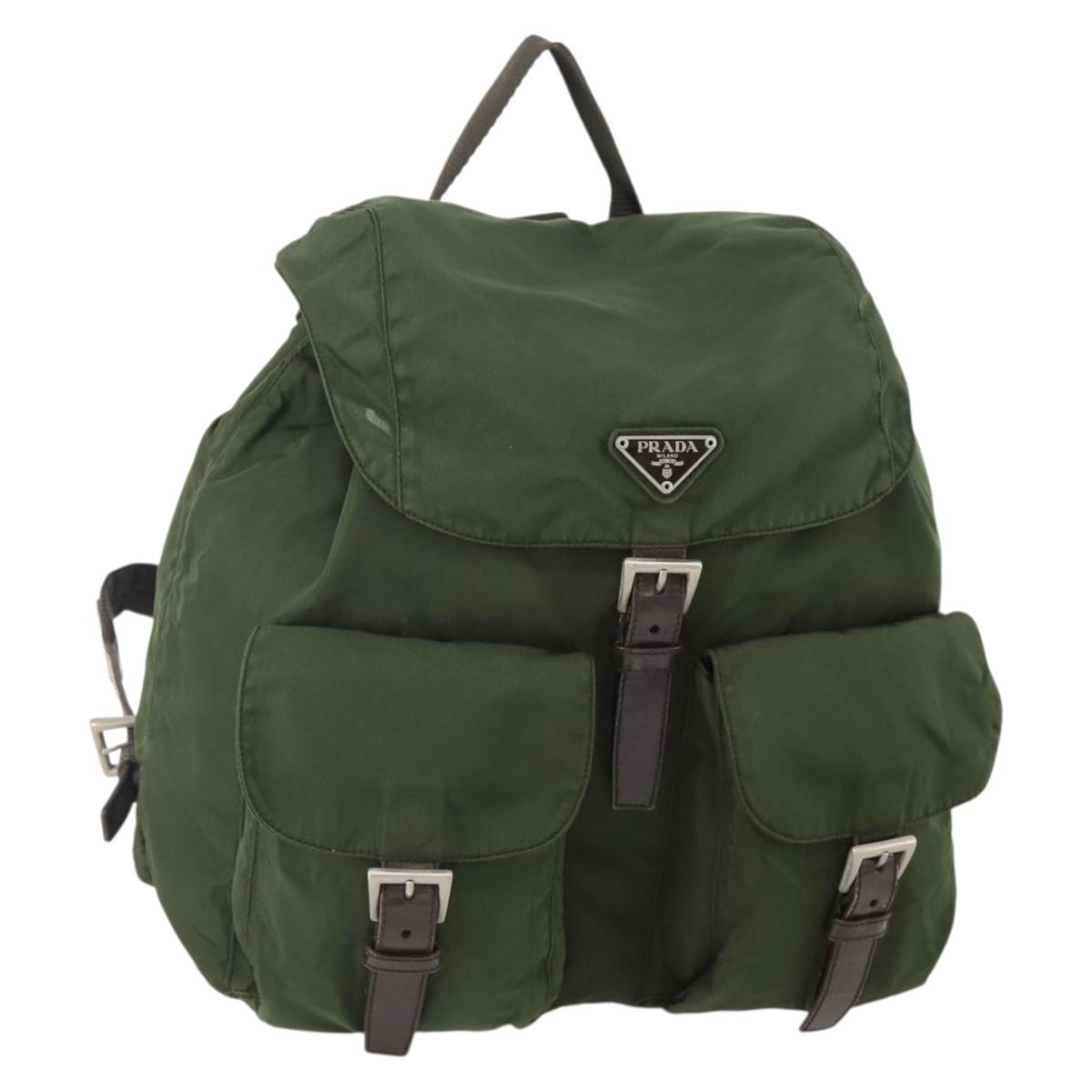 PRADA Backpack Nylon Khaki Silver Auth ARZ774