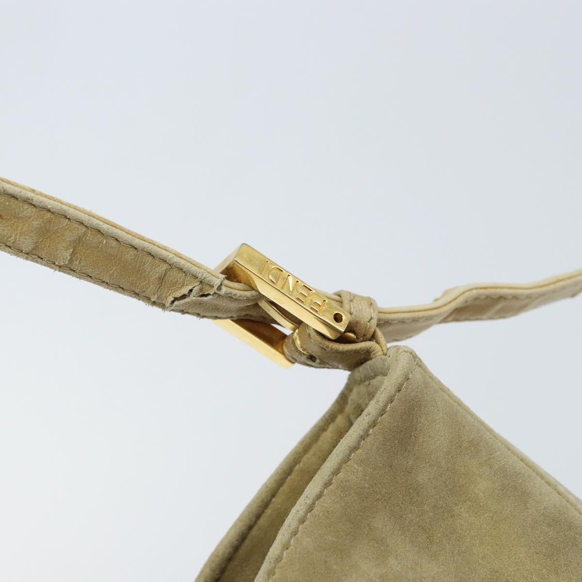 FENDI Mamma Baguette Shoulder Bag Suede Beige Gold Auth ARZ775