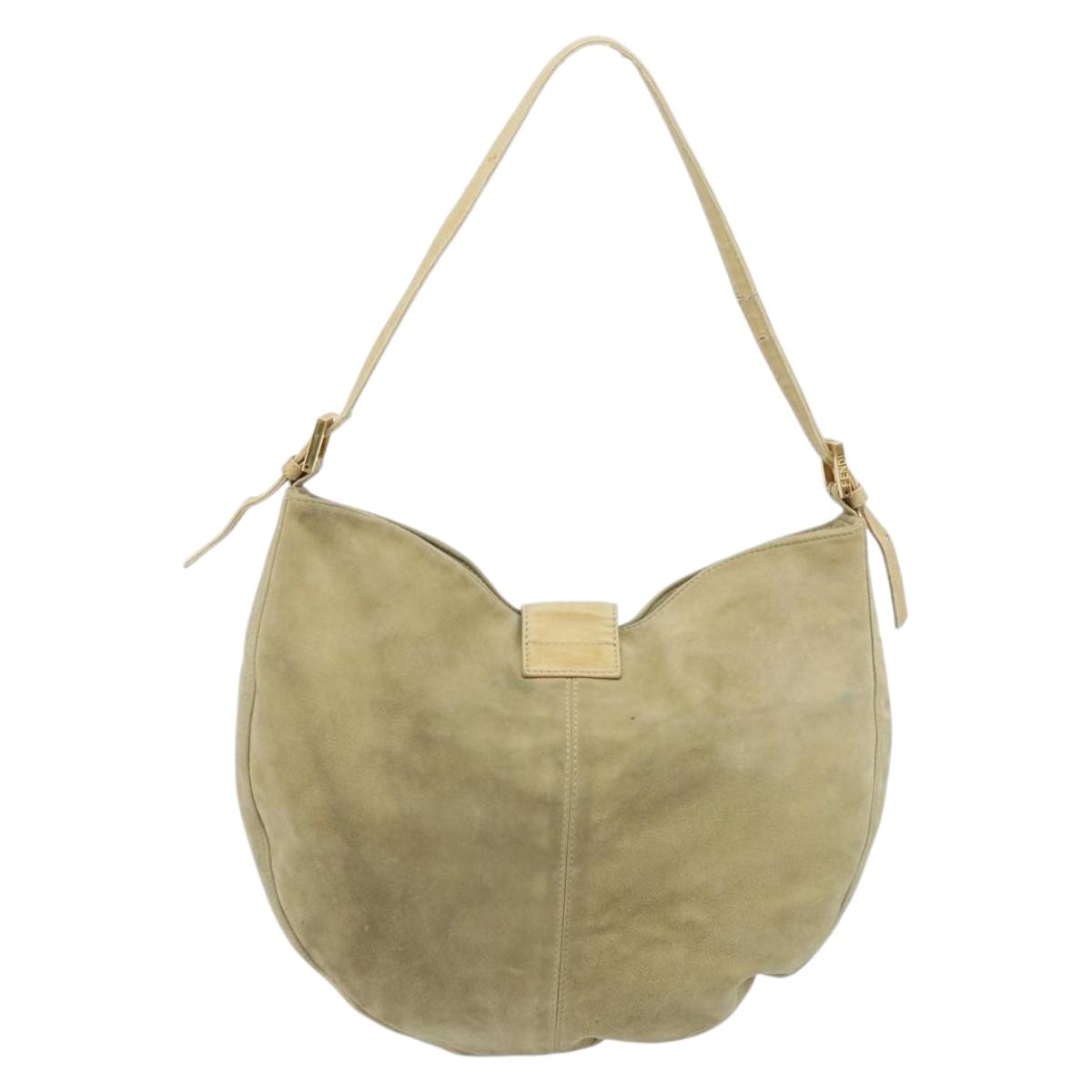 FENDI Mamma Baguette Shoulder Bag Suede Beige Gold Auth ARZ775