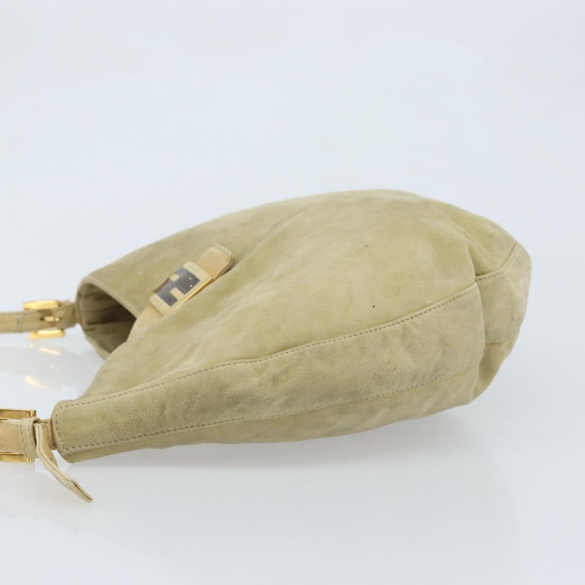 FENDI Mamma Baguette Shoulder Bag Suede Beige Gold Auth ARZ775