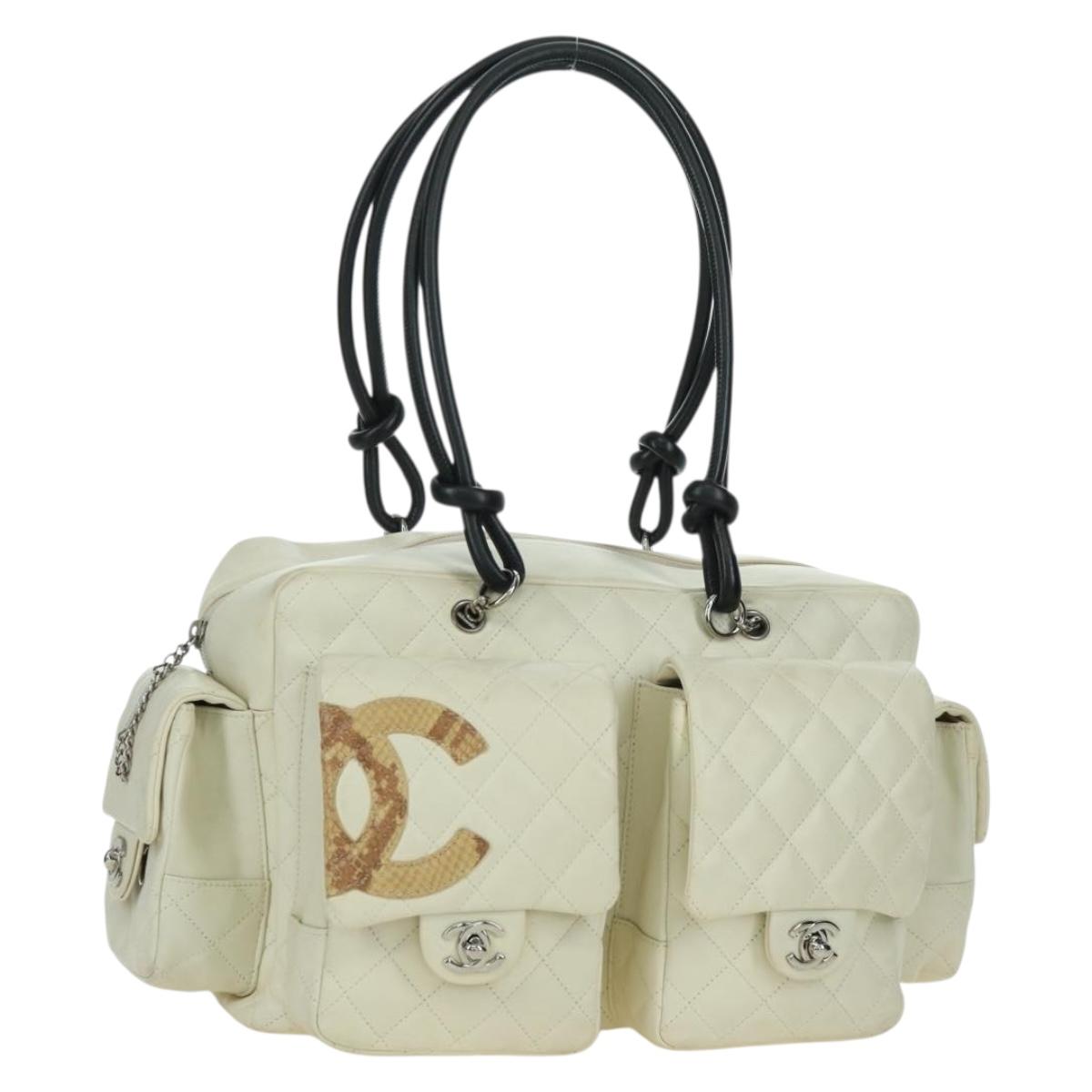 CHANEL Cambon Line Matelasse Hand Bag Leather White Silver CC Auth ARZ785SAM