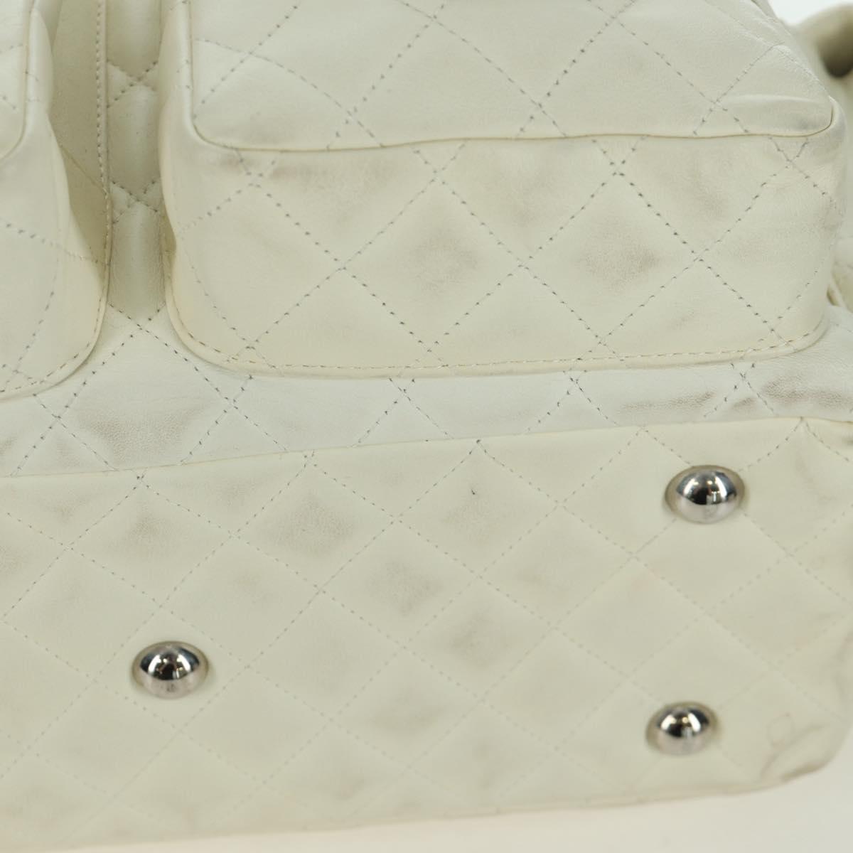 CHANEL Cambon Line Matelasse Hand Bag Leather White Silver CC Auth ARZ785SAM