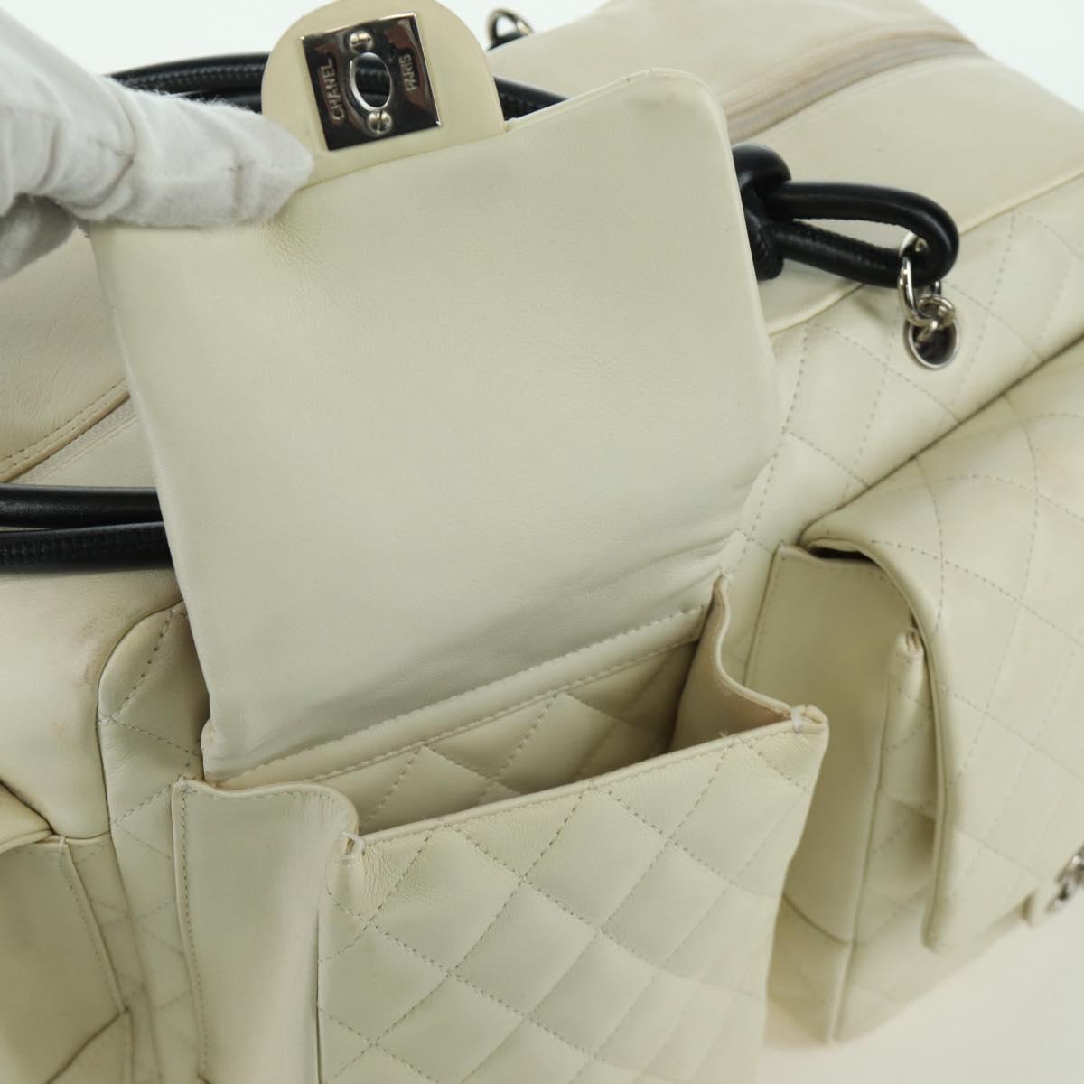 CHANEL Cambon Line Matelasse Hand Bag Leather White Silver CC Auth ARZ785SAM