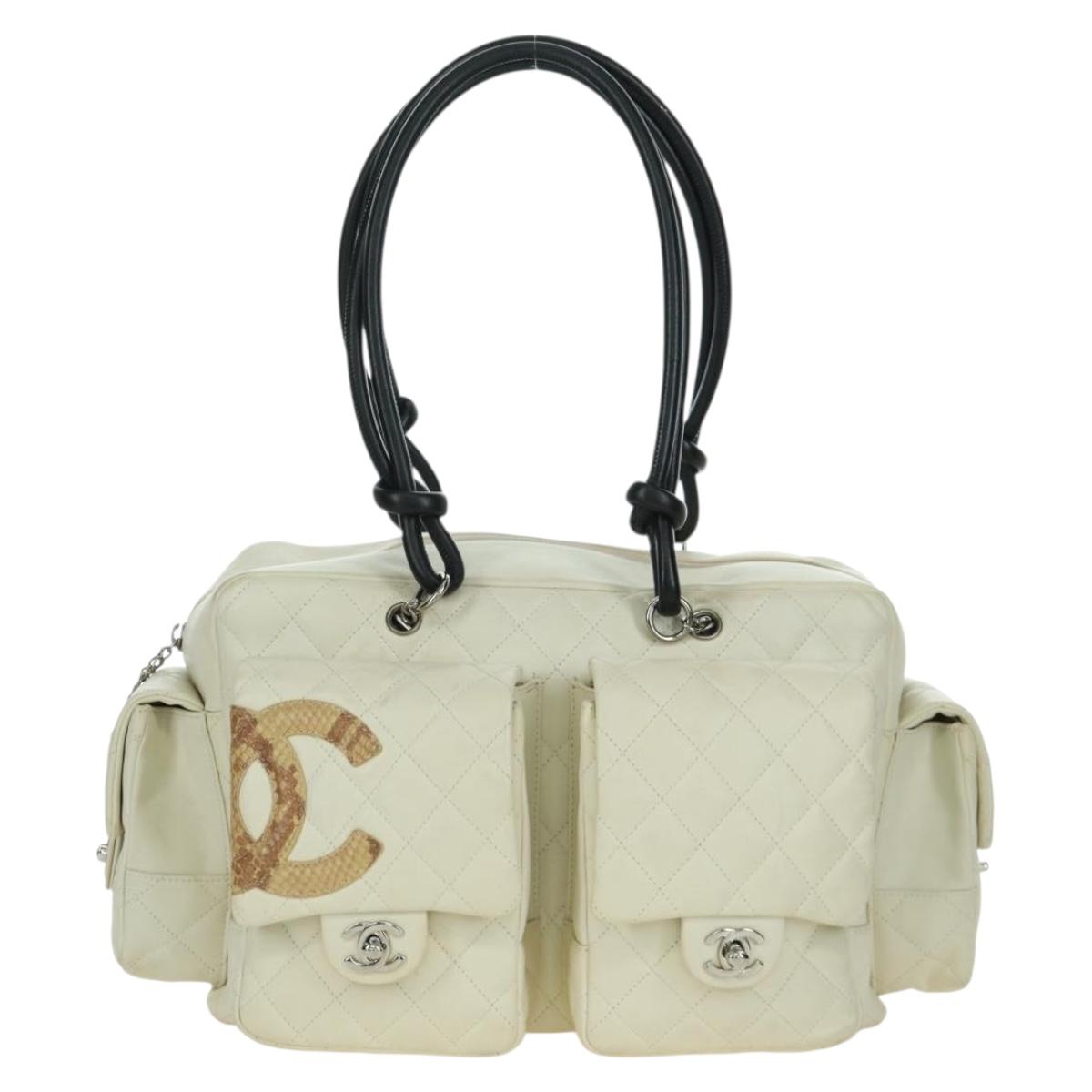 CHANEL Cambon Line Matelasse Hand Bag Leather White Silver CC Auth ARZ785SAM