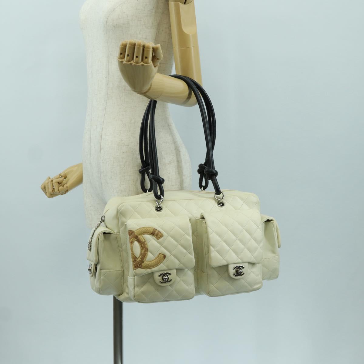 CHANEL Cambon Line Matelasse Hand Bag Leather White Silver CC Auth ARZ785SAM