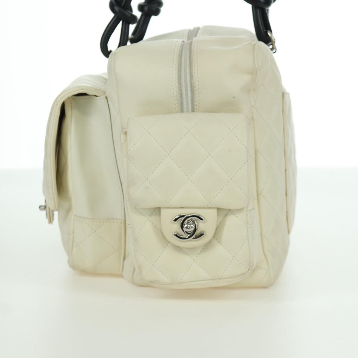 CHANEL Cambon Line Matelasse Hand Bag Leather White Silver CC Auth ARZ785SAM