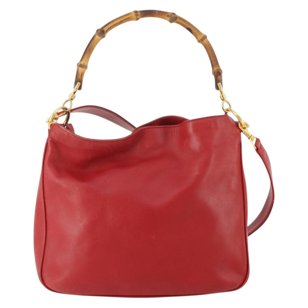 GUCCI Bamboo Shoulder Bag Leather 2way Red Gold 001 0166 1638 Auth ARZ788