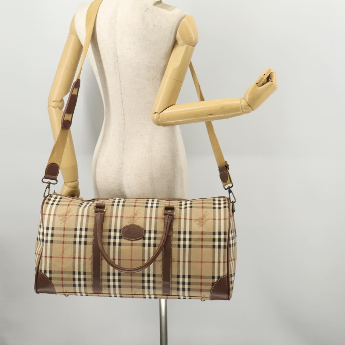 Burberrys Nova Check Boston Bag PVC 2way Beige Gold Auth ARZ799
