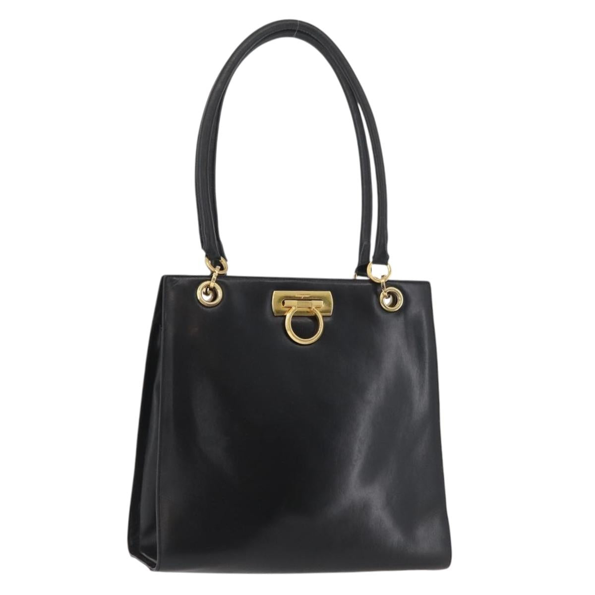 Salvatore Ferragamo Gancini Shoulder Bag Leather Black Gold Auth ARZ826