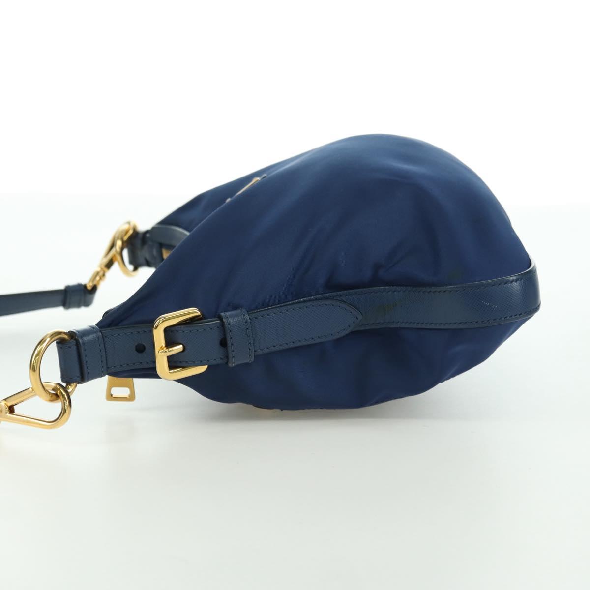 PRADA Shoulder Bag Nylon Leather Blue Gold Auth ARZ849A